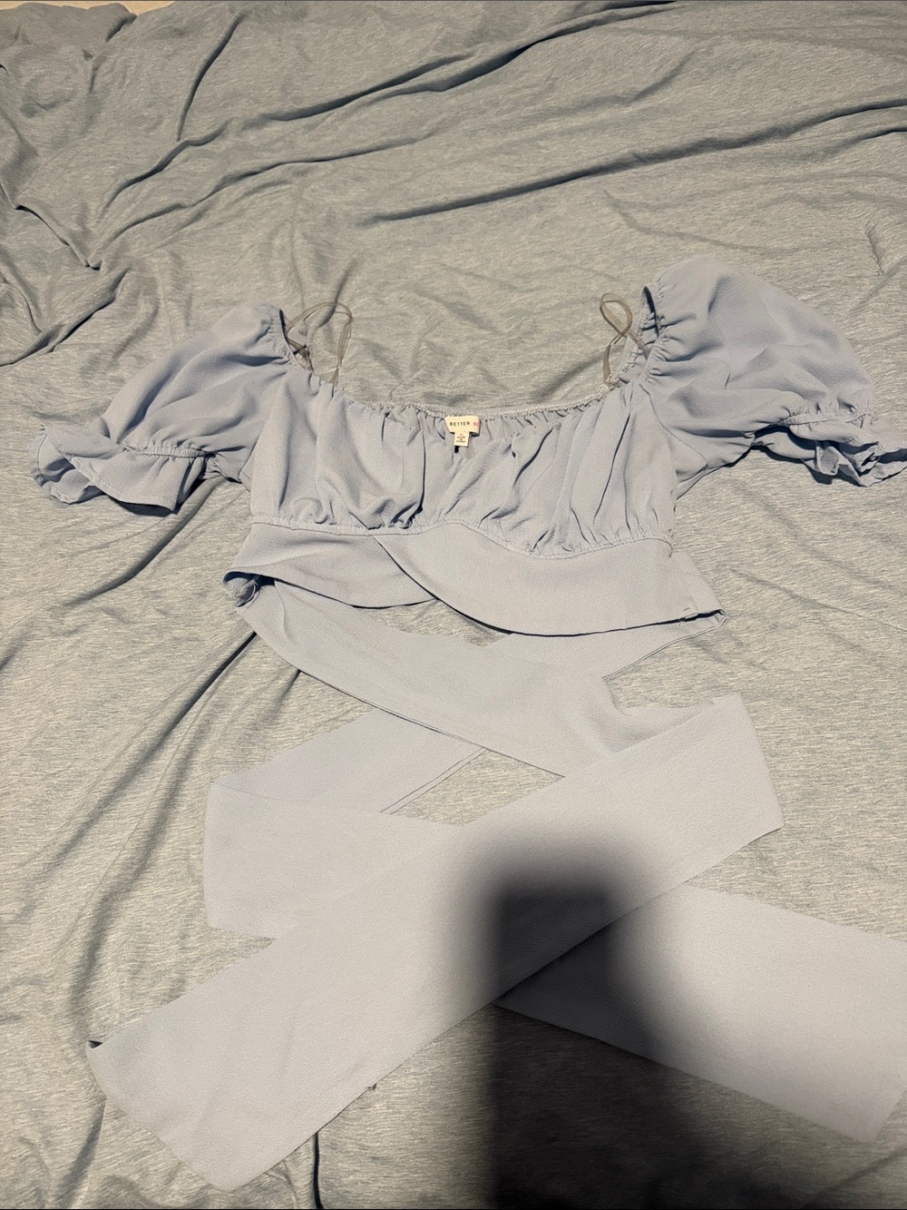 Better Be Pastel Blue Off the Shoulder/Puff-Sleeve Wrap Crop Top